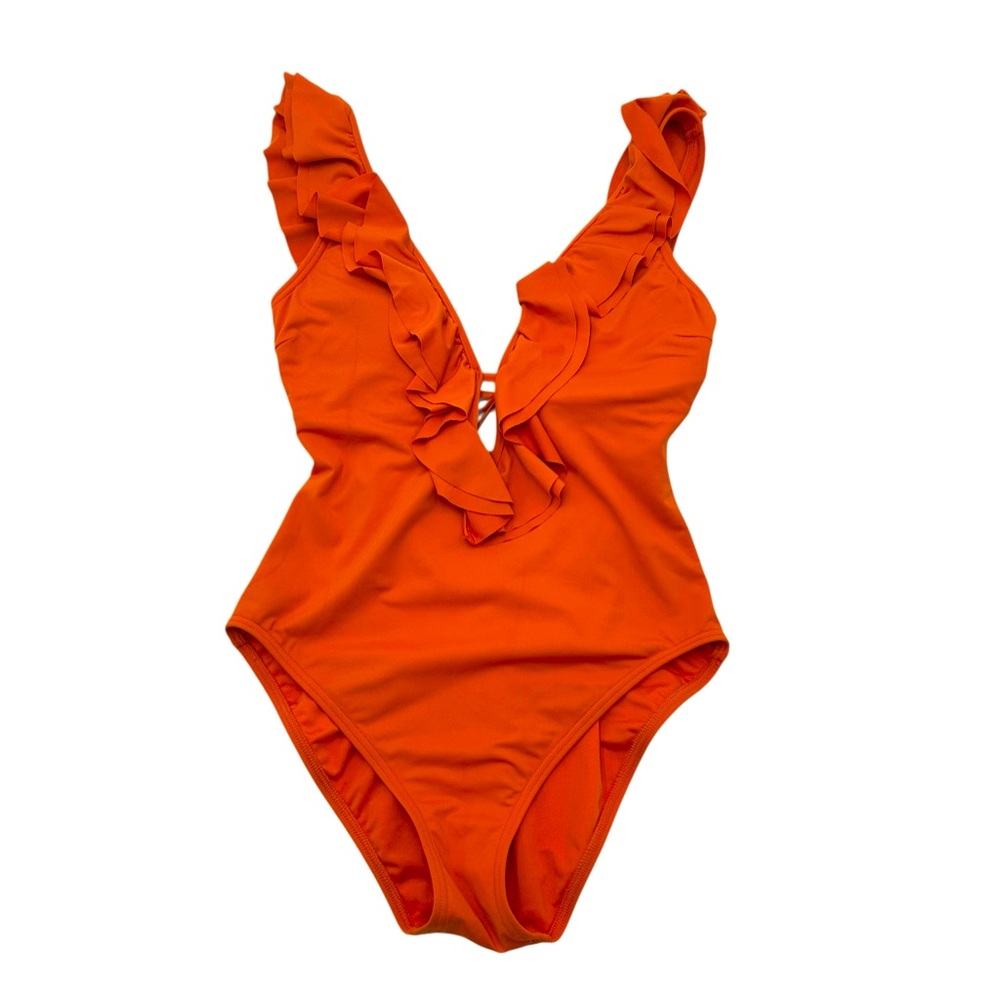 Michael Kors One Piece Swimsuit Orange Ruffles “Mimosa” DeepV Neck Size 8